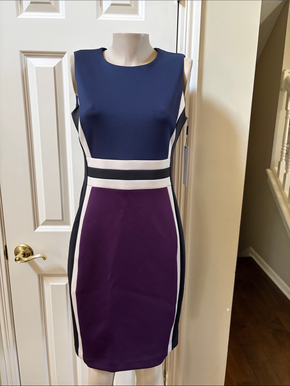 NWT Calvin Klein Navy and Purple Colorblock Sheath Dress, 10